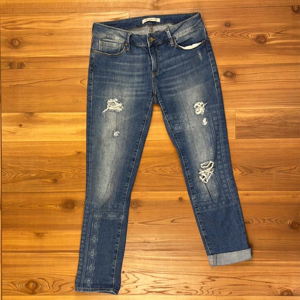 Mavi Distressed Slim Boyfriend Jeans Size 28 Boho Embroidered Patchwork Denim